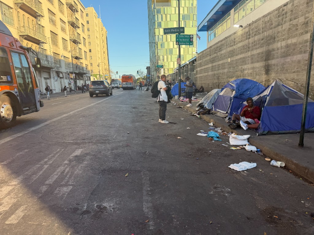 Tents line the sidewalk along San Pedro Street in downtown Los Angeles's Skid Row neighbourhood.